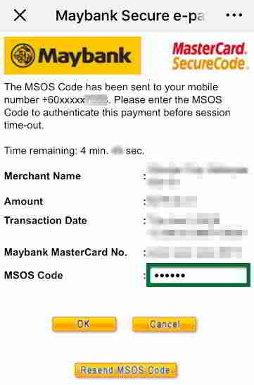 Kaody fanamarinana SMS amin'ny Maybank Bank Card faha-4